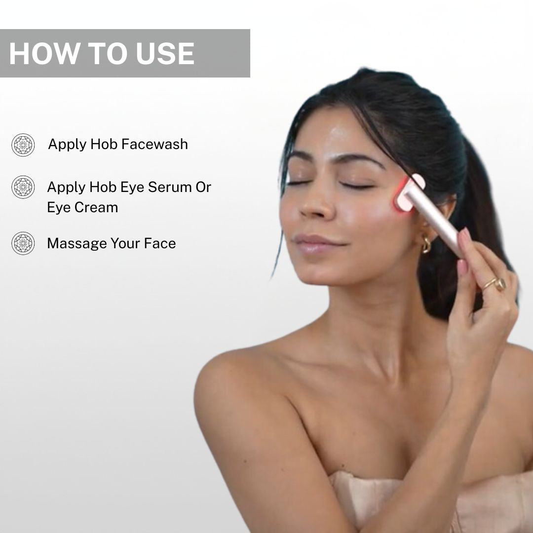 Woman demonstrating how to use LED eye massager after applying facewash and eye serum to massage the eye area and improve circulation.