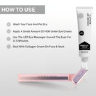 Steps to use the House of Beauty Under Eye Care Kit. Start by washing your face and applying a small amount of under-eye cream. Use the LED Eye Massager around the eyes for 3–5 minutes, then seal the routine with collagen cream for the face and neck.