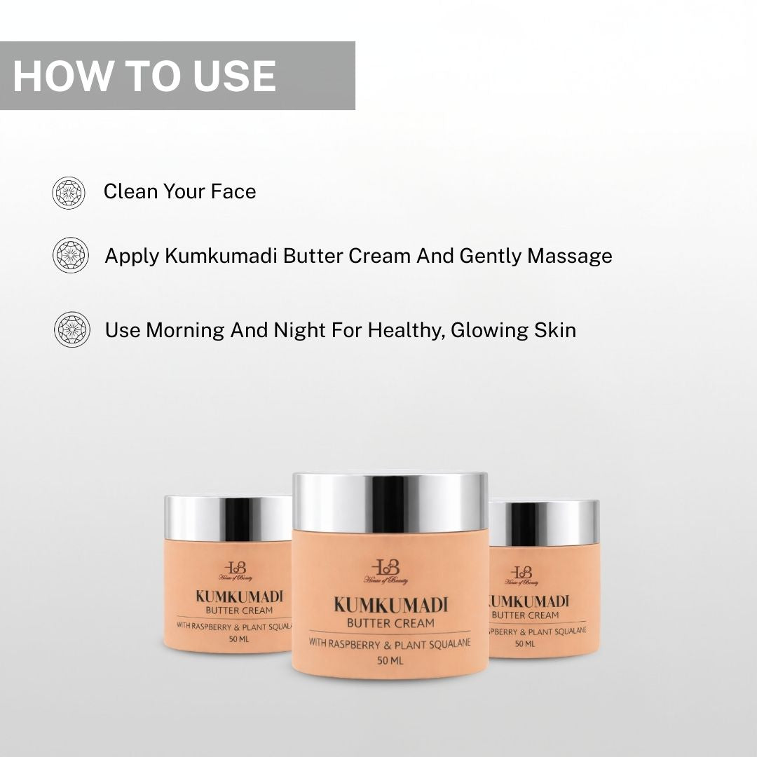 Steps to use Kumkumadi Butter Cream including cleansing face and gently massaging cream for healthy glowing skin