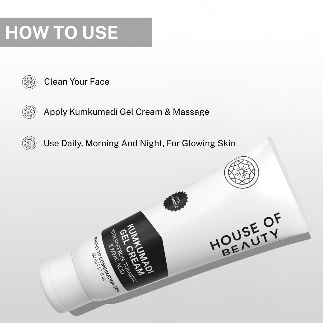 Instructions showing cleansing the face, applying Kumkumadi gel cream and massaging gently twice daily for glowing radiant skin.