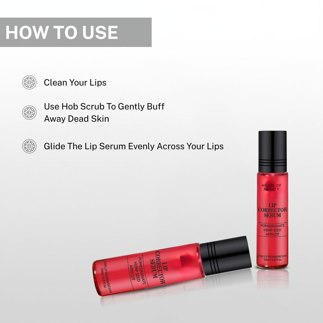 Instructions showing how to clean lips, exfoliate with lip scrub and apply lip corrector serum evenly for best results.