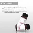 Usage instructions for House of Beauty Collagen Tablets showing general maintenance dose of 1 tablet daily and recharge dosage of 2 tablets per day.