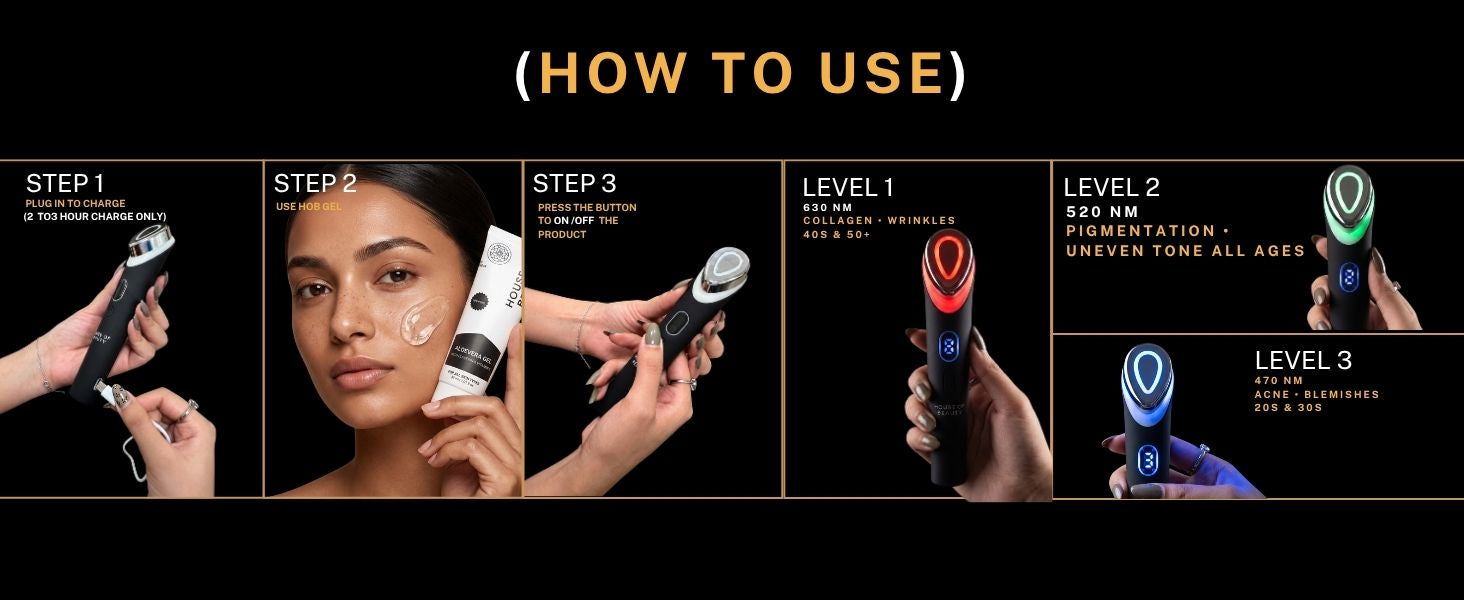 Step-by-step guide showing how to charge, apply conductive aloe vera gel, power on, and use Sculpt Lift Pro™ with different LED light therapy modes for personalized skincare.