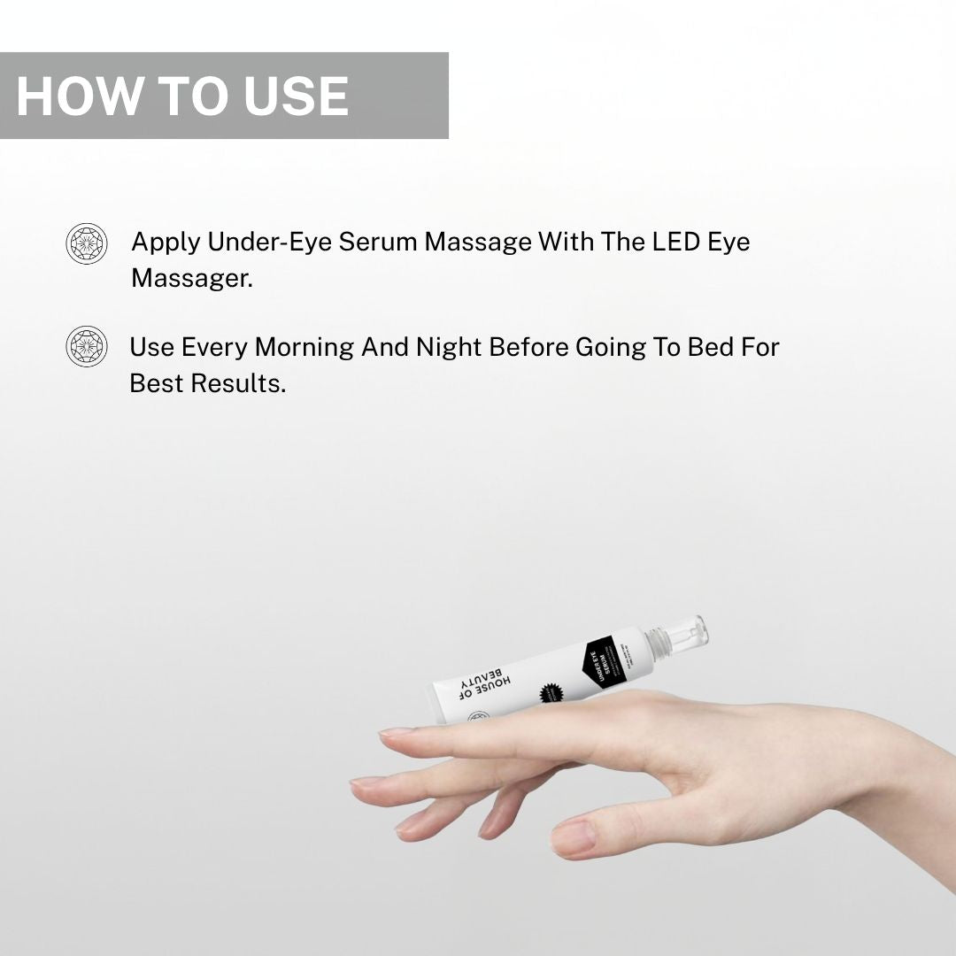 apply under eye serum and massage with eye massager use morning and night for best results