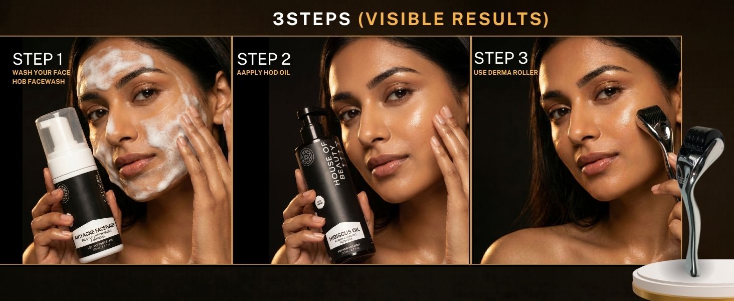 Step-by-step guide showing a woman using a derma roller. Step 1: Cleanse skin with House of Beauty face wash. Step 2: Apply hibiscus oil. Step 3: Use the derma roller on the face. Demonstrates a simple skincare routine for collagen stimulation and skin renewal.