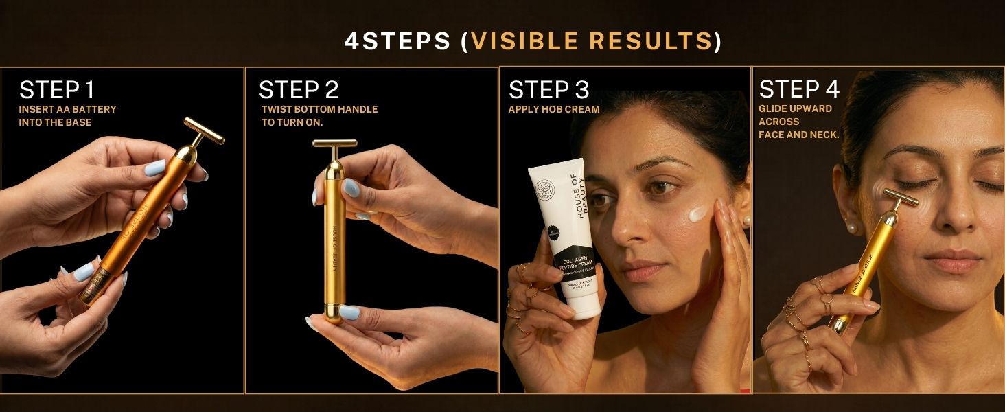 Step-by-step guide showing how to use the House of Beauty 24K Gold Face Massager. Insert AA battery, turn on the device, apply face cream, and glide upward across the face and neck for lifting and sculpting benefits.