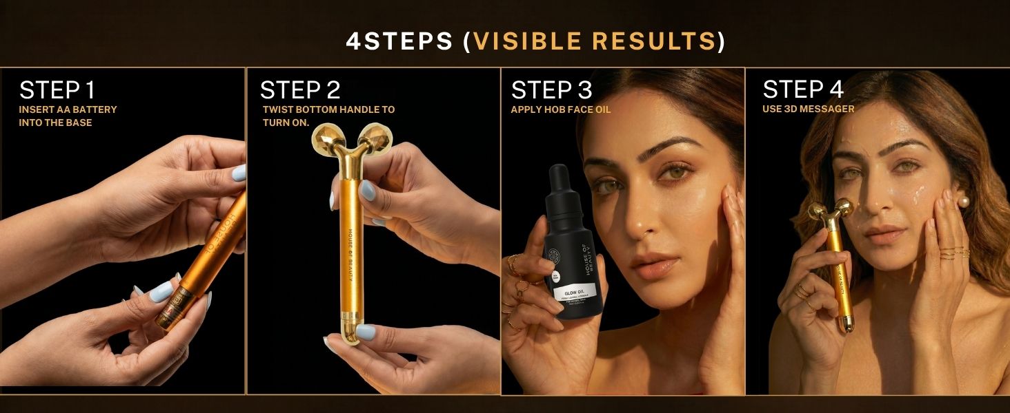 Step-by-step guide showing how to use the House of Beauty 3D Face Massager. Insert AA battery, turn on the device, apply facial oil, and massage the face and jawline for lifting, contouring, and relaxation.