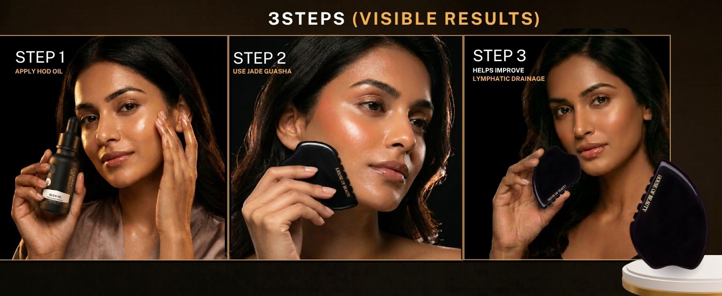 Step-by-step guide showing how to use the House of Beauty Black Obsidian Gua Sha. Apply facial oil, glide the Gua Sha across the face and jawline, and perform lymphatic drainage massage to improve circulation and facial definition.