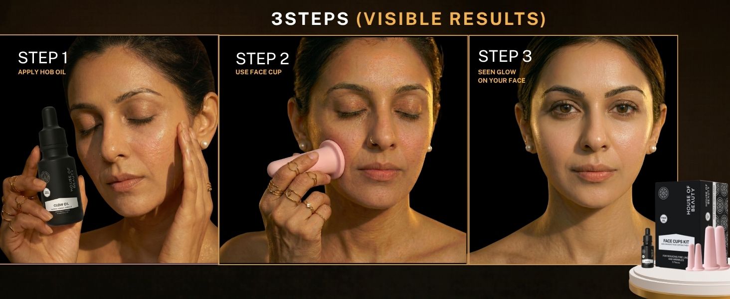 Step-by-step guide showing how to use the House of Beauty Face Cup Kit. Apply facial oil, glide the silicone face cup across the skin, and perform facial cupping massage to enhance circulation, lymphatic drainage, and skin radiance.