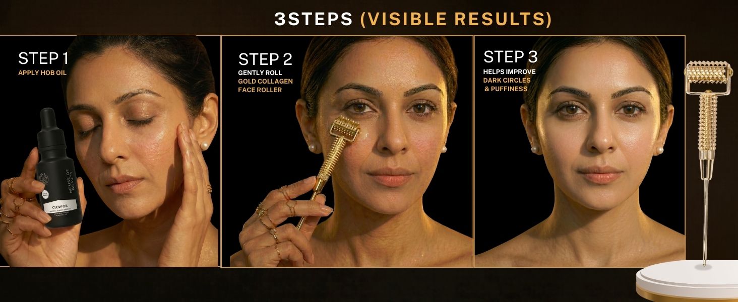 Step-by-step guide showing how to use the House of Beauty Gold Collagen Face Roller. Apply facial oil, gently roll across the face, and massage regularly to help improve skin firmness, reduce puffiness, and enhance radiance.