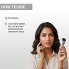 Woman demonstrating the use of the House of Beauty derma roller after cleansing the face and gently massaging targeted skin areas as part of a skincare routine.