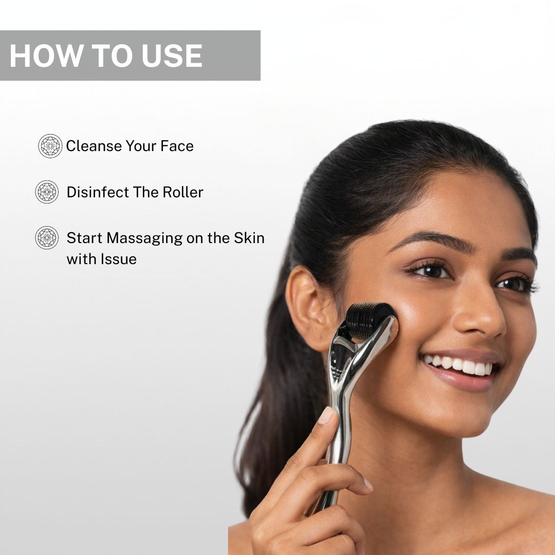 Instructional image showing a woman using the House of Beauty derma roller after cleansing the face and disinfecting the roller before massaging targeted skin areas.
