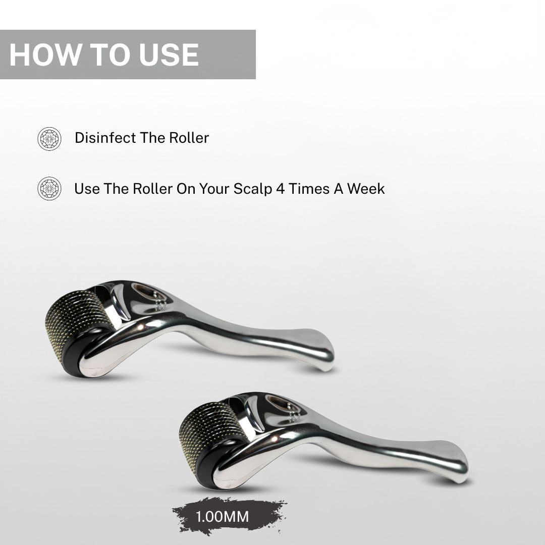 Instructional image showing House of Beauty 1.0mm derma roller with guidance to disinfect the roller and use it on the scalp four times a week for hair care.