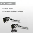 Instructional image showing House of Beauty 1.0mm derma roller with guidance to disinfect the roller and use it on the scalp four times a week for hair care.