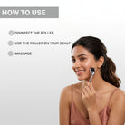 Woman demonstrating how to use the House of Beauty derma roller after disinfecting the roller and gently massaging the scalp and targeted areas as part of a skincare and haircare routine.