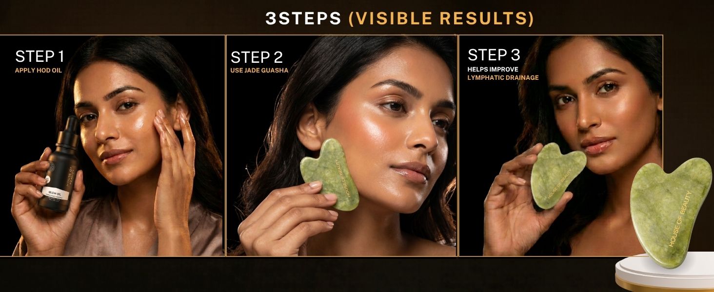 Step-by-step guide showing how to use the House of Beauty Jade Gua Sha. Apply facial oil, glide the natural jade tool across the face, and perform lymphatic drainage massage to reduce puffiness and enhance facial contours.