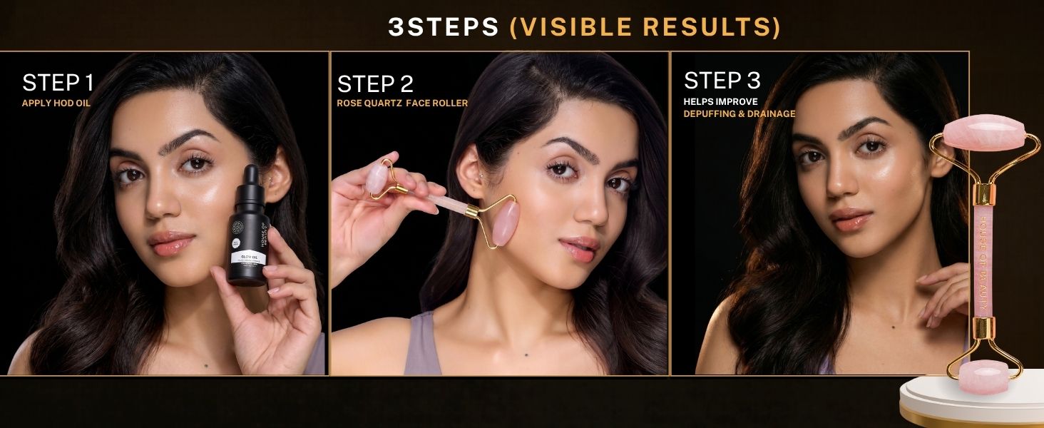 Step-by-step guide showing how to use the House of Beauty Rose Quartz Face Roller. Apply facial oil, gently roll across the face and under-eye area, and perform a cooling facial massage to reduce puffiness and support lymphatic drainage.