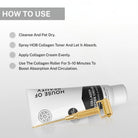 Step-by-step instructions showing how to apply collagen cream and use the gold collagen roller for better absorption and circulation.
