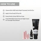 Step-by-step instructions showing how to use HOB Face Cups with Face Oil and Multivitamin Nourish Night Cream.
