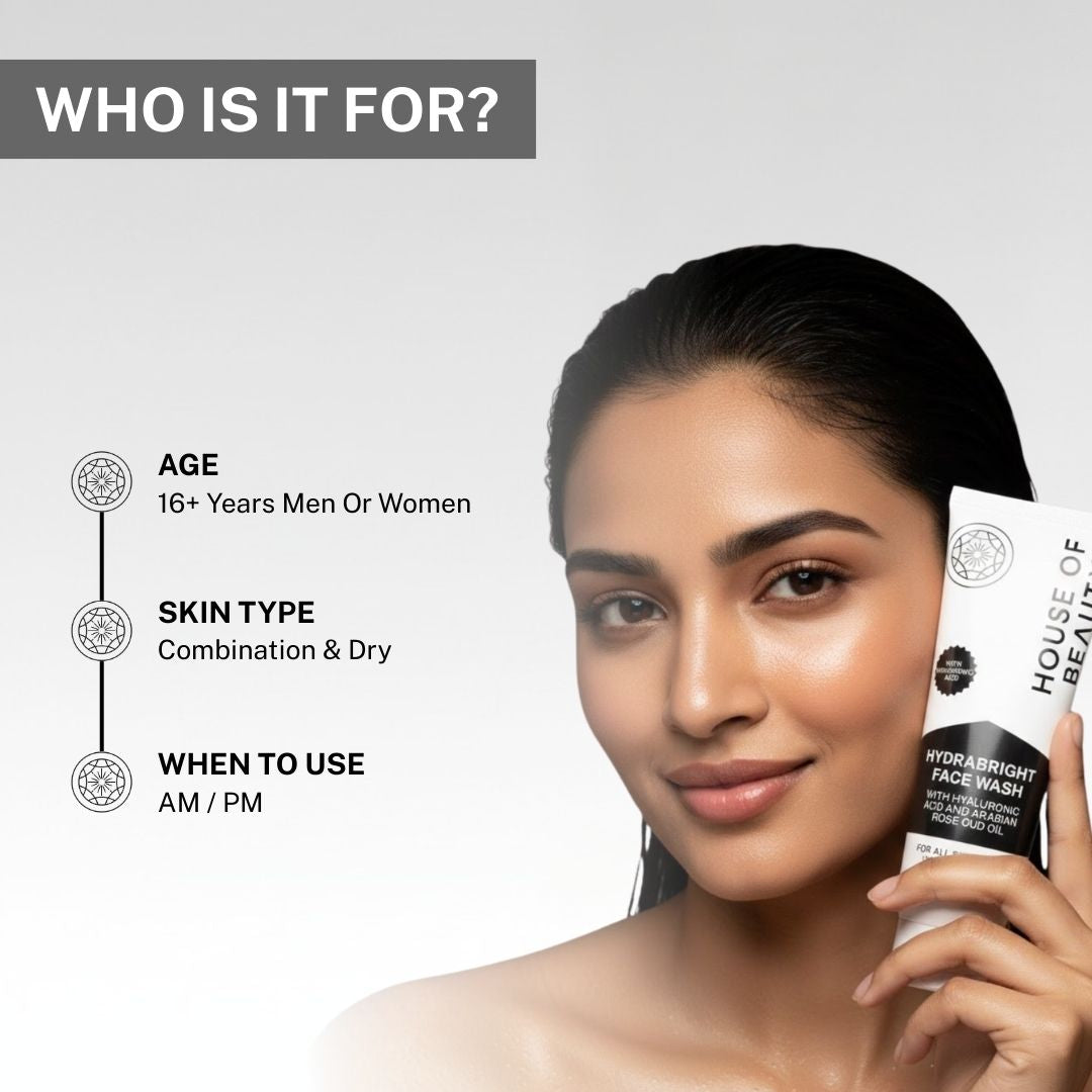 Model holding House of Beauty Hydrabright Face Wash with text highlighting suitability for men and women aged 16+, ideal for combination and dry skin, for AM and PM use.