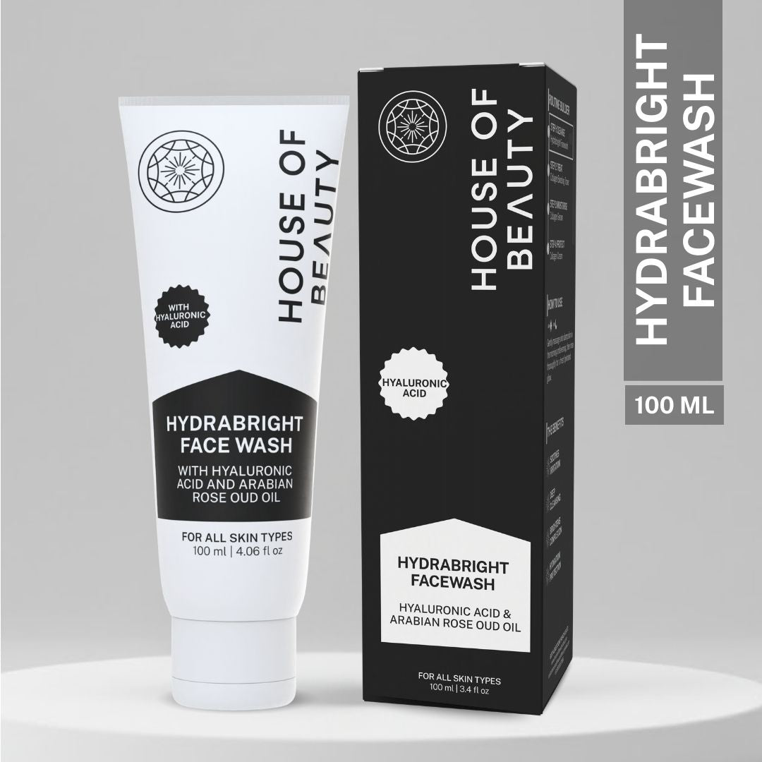 House of Beauty Hydrabright Facewash 100ml with Hyaluronic Acid and Arabian Rose Oud Oil for all skin types.