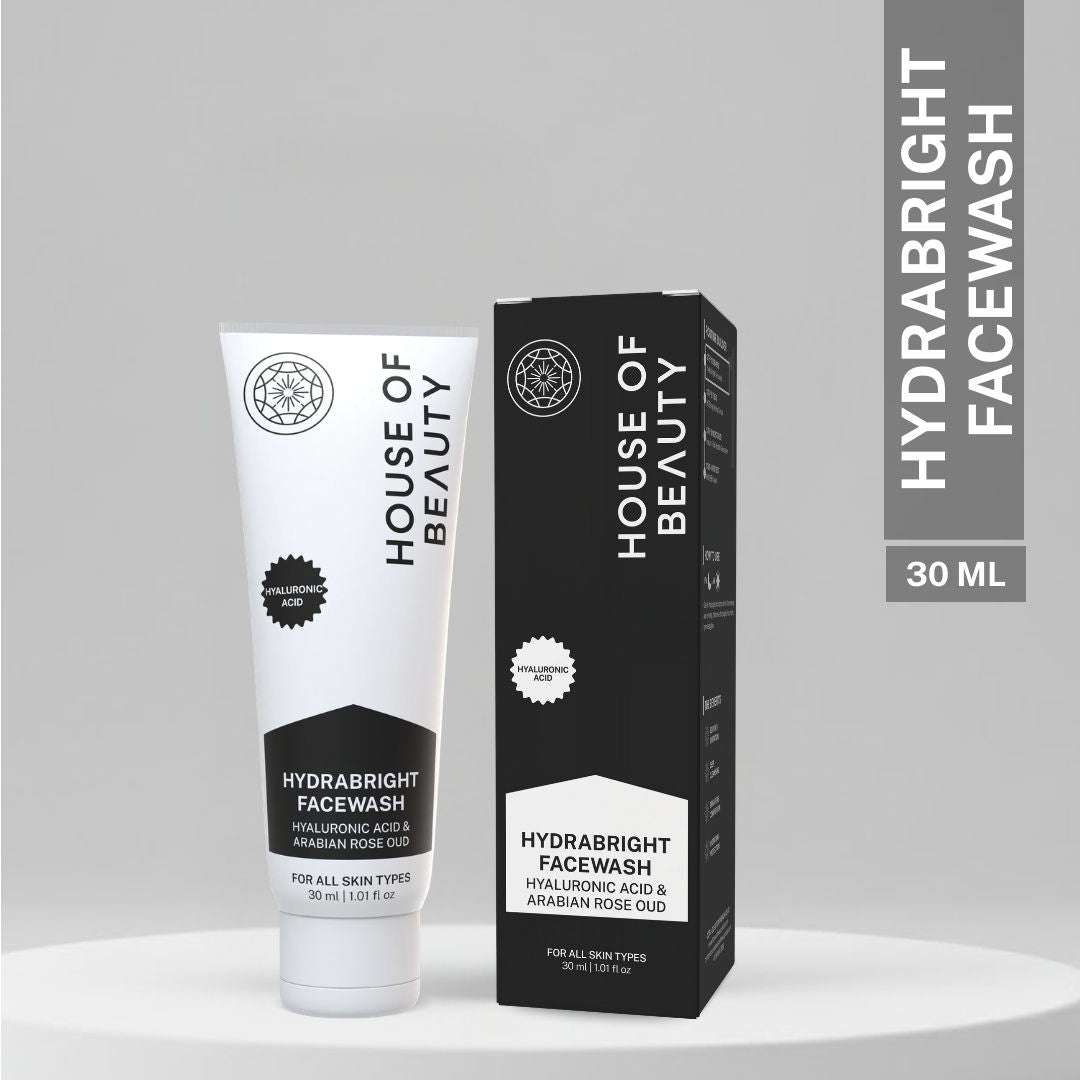 House of Beauty Hydrabright Facewash 30ml mini size with Hyaluronic Acid and Arabian Rose Oud Oil.