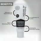 Benefits of Hydrabright Facewash showing hydration, nourishment, reduced free radical damage, and suitability for combination to dry skin.