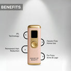ipl hair removal device showing benefits like permanent hair reduction painless use and full body application