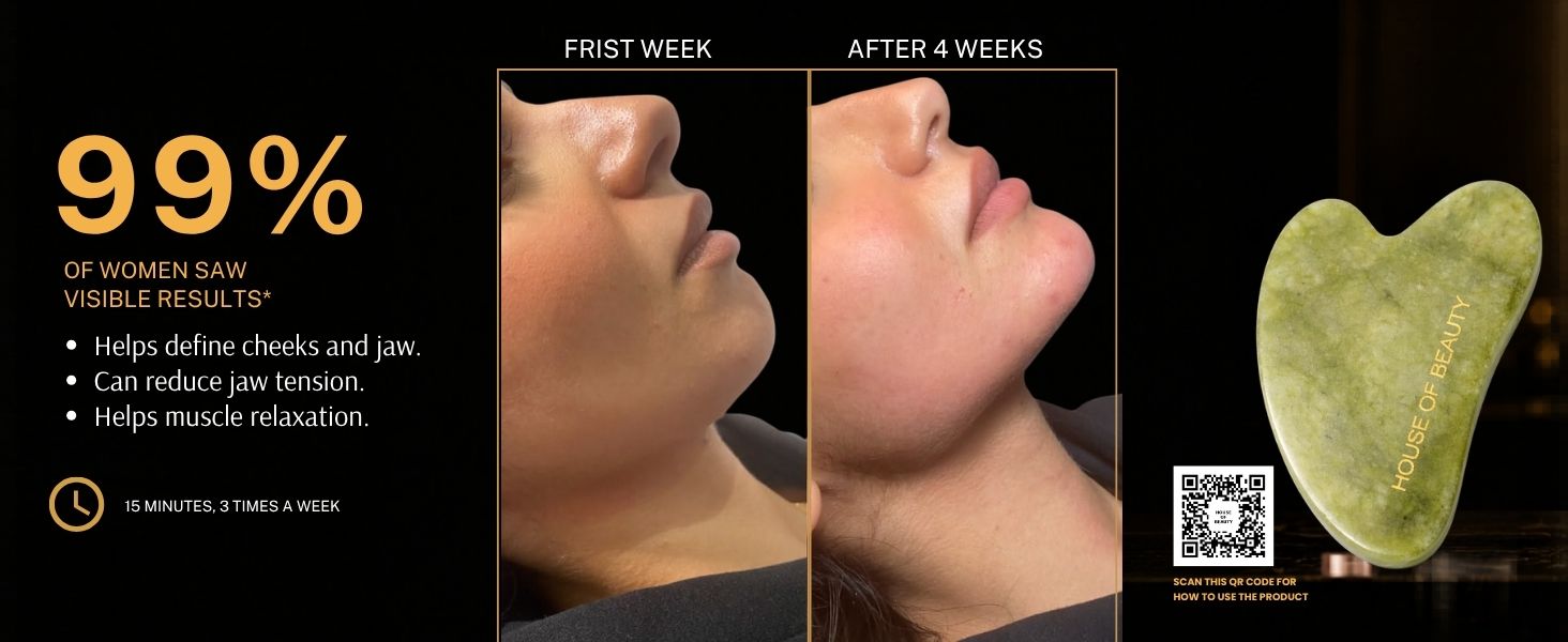 Before and after results of the House of Beauty Jade Gua Sha showing improved jawline definition, reduced facial puffiness, enhanced lymphatic drainage, and a more sculpted appearance after four weeks of consistent use.