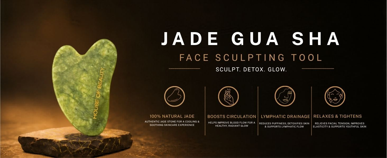 House of Beauty Jade Gua Sha Face Sculpting Tool made from natural jade stone to promote lymphatic drainage, reduce puffiness, improve circulation, and sculpt the jawline for a healthy, radiant glow.