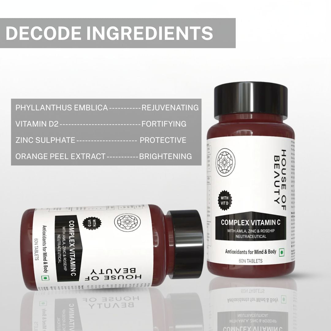 Ingredient breakdown graphic for House of Beauty Complex Vitamin C tablets featuring amla, vitamin D2, zinc sulphate, and orange peel extract.