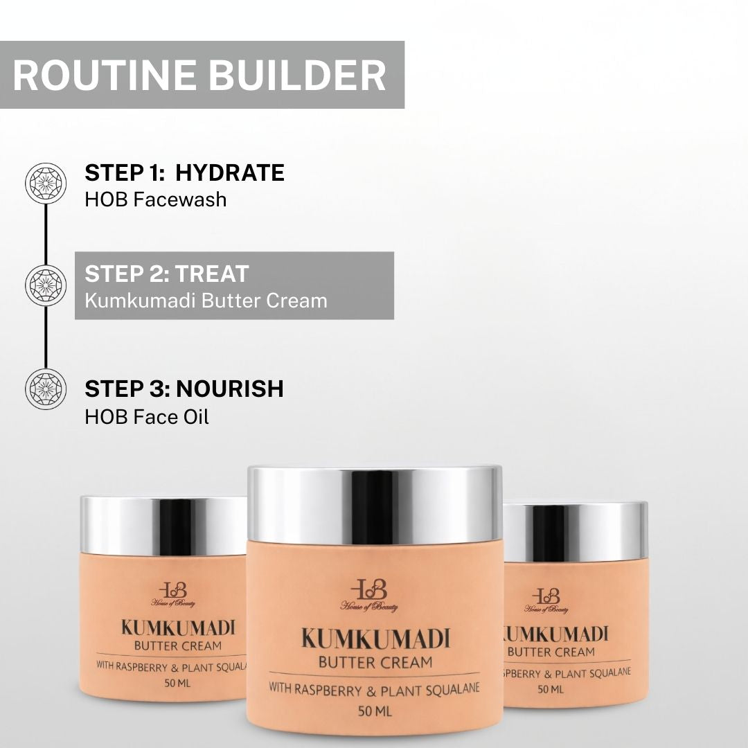 Night skincare routine using HOB facewash, Kumkumadi Butter Cream and HOB face oil for nourishment
