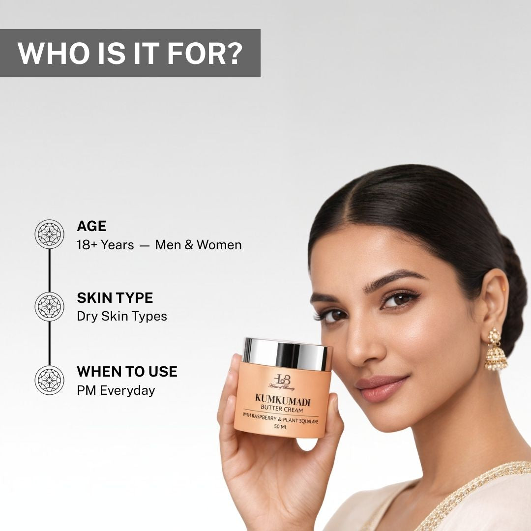 Kumkumadi Butter Cream suitable for men and women above 18 with dry skin types for nighttime skincare routine