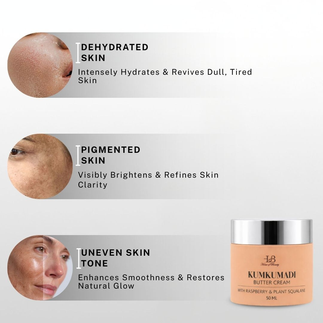 Kumkumadi Butter Cream helps dehydrated skin, pigmentation and uneven skin tone for brighter and smoother skin