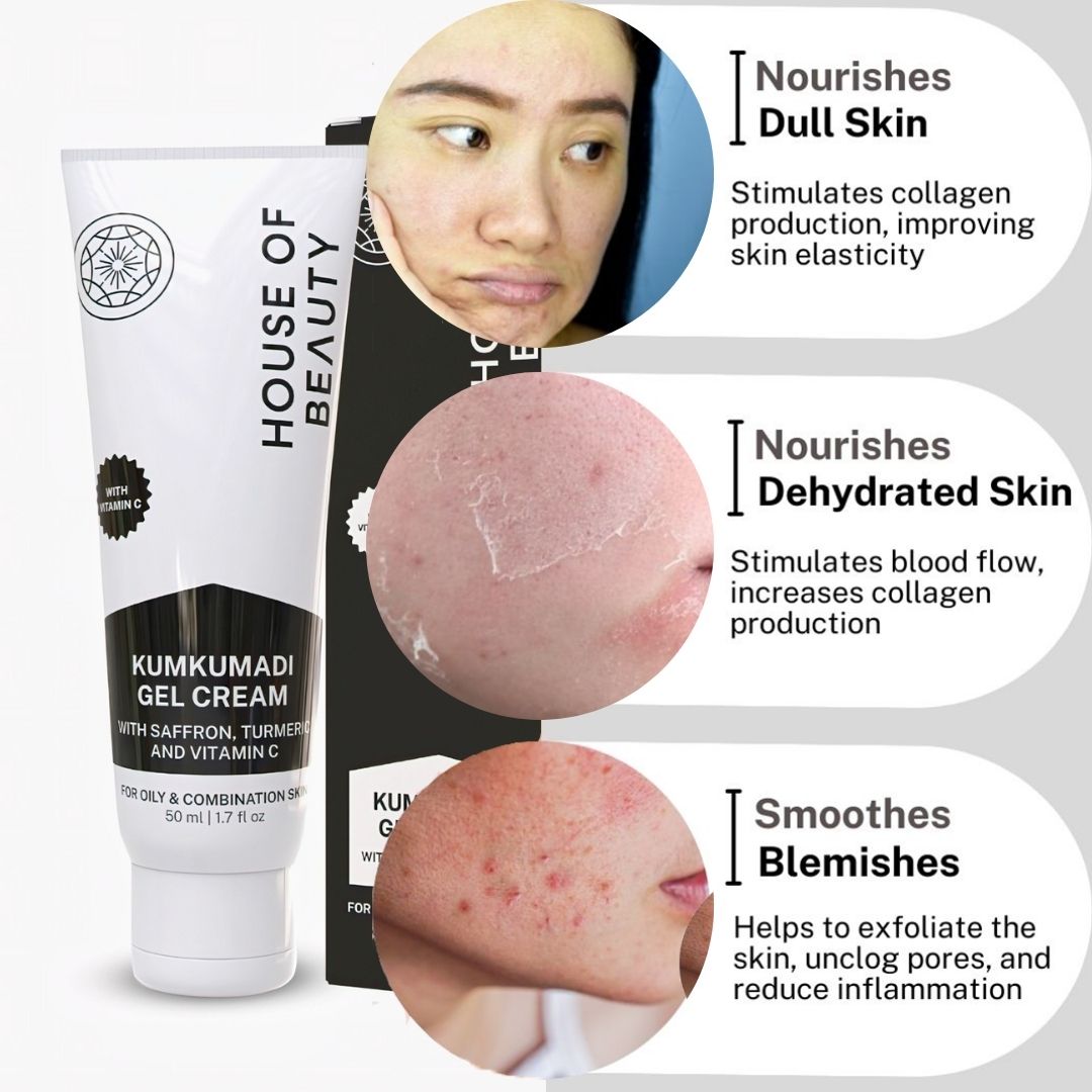House of Beauty Kumkumadi Gel Cream — Ayurvedic brightening face cream infused with saffron, sandalwood, and turmeric for glowing, even-toned, youthful skin. Lightweight gel texture hydrates, reduces pigmentation, dark spots, and dullness — suitable for all skin type