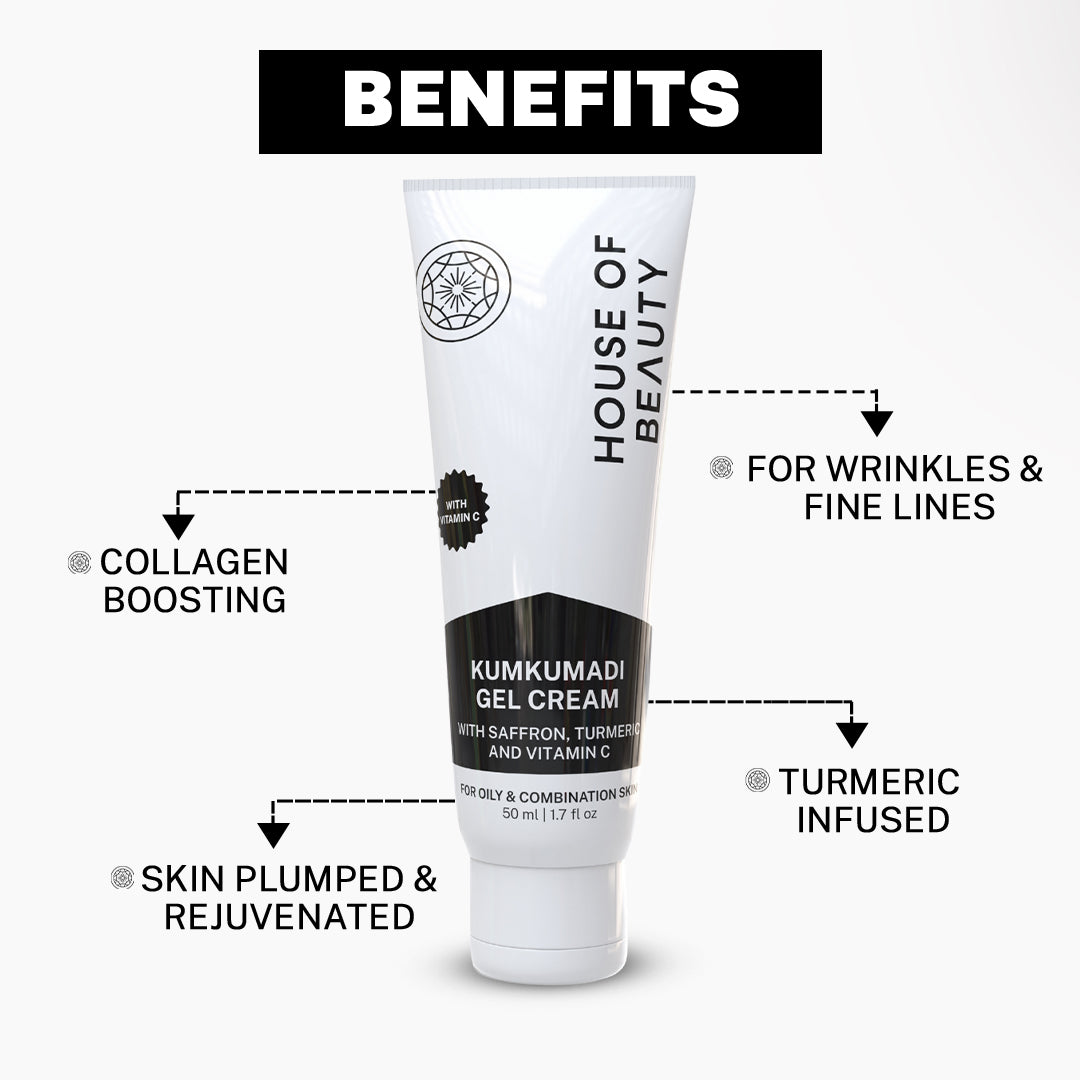 House of Beauty Kumkumadi Gel Cream — Ayurvedic brightening face cream infused with saffron, sandalwood, and turmeric for glowing, even-toned, youthful skin. Lightweight gel texture hydrates, reduces pigmentation, dark spots, and dullness — suitable for all skin type