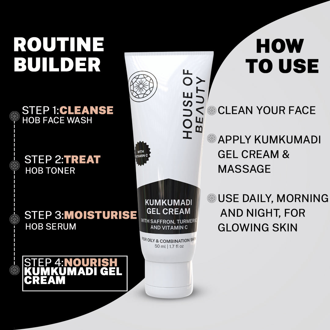 House of Beauty Kumkumadi Gel Cream — Ayurvedic brightening face cream infused with saffron, sandalwood, and turmeric for glowing, even-toned, youthful skin. Lightweight gel texture hydrates, reduces pigmentation, dark spots, and dullness — suitable for all skin type