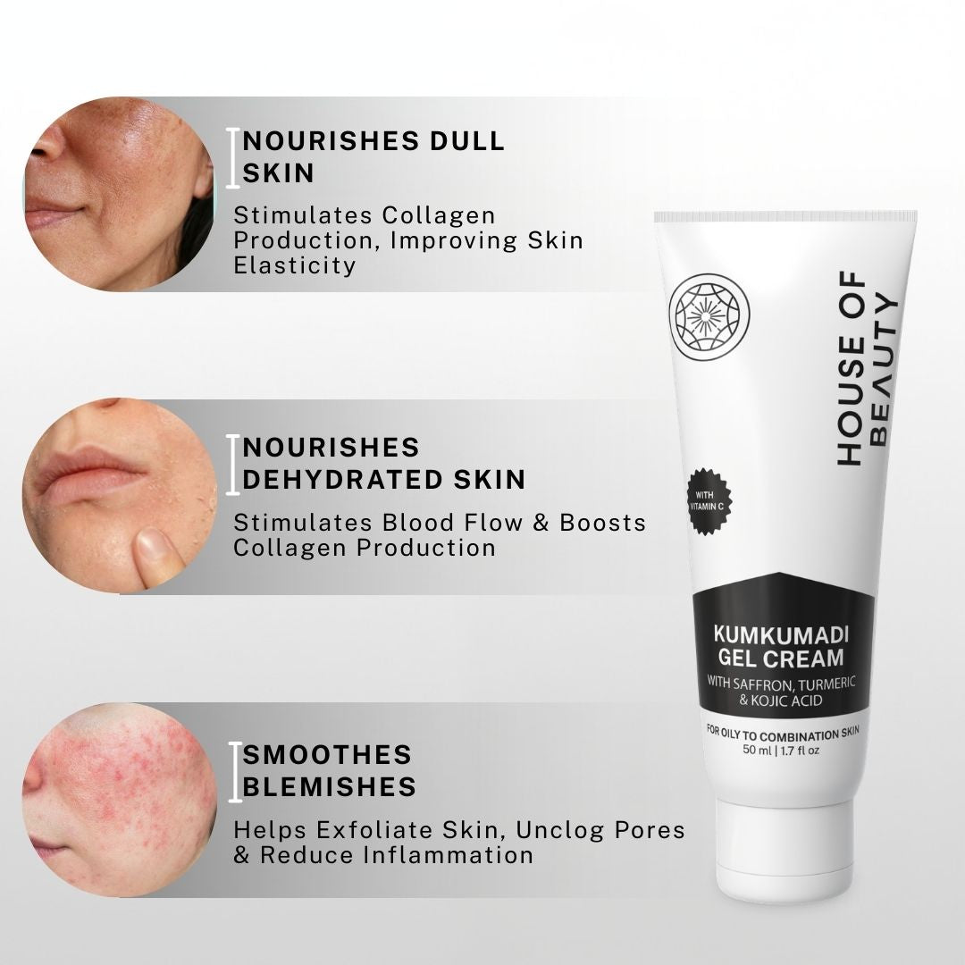 Kumkumadi gel cream helping nourish dull skin, hydrate dehydrated skin and reduce blemishes while improving skin elasticity.