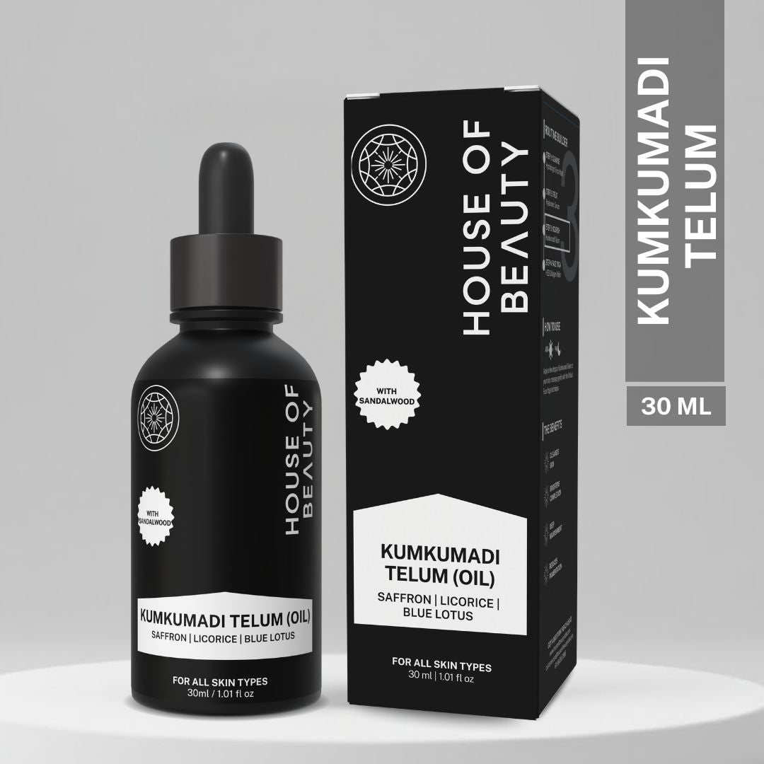 A 30ml bottle of House of Beauty Kumkumadi Telum Oil with a black box, featuring a minimalist design. The label mentions ingredients like saffron, licorice, blue lotus, and sandalwood, highlighting the product for all skin types.