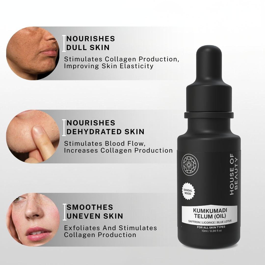 The benefits of House of Beauty Kumkumadi Telum Oil for nourishing dull, dehydrated, and uneven skin. It stimulates collagen production, increasing skin elasticity and leaving the skin with a smoother texture.