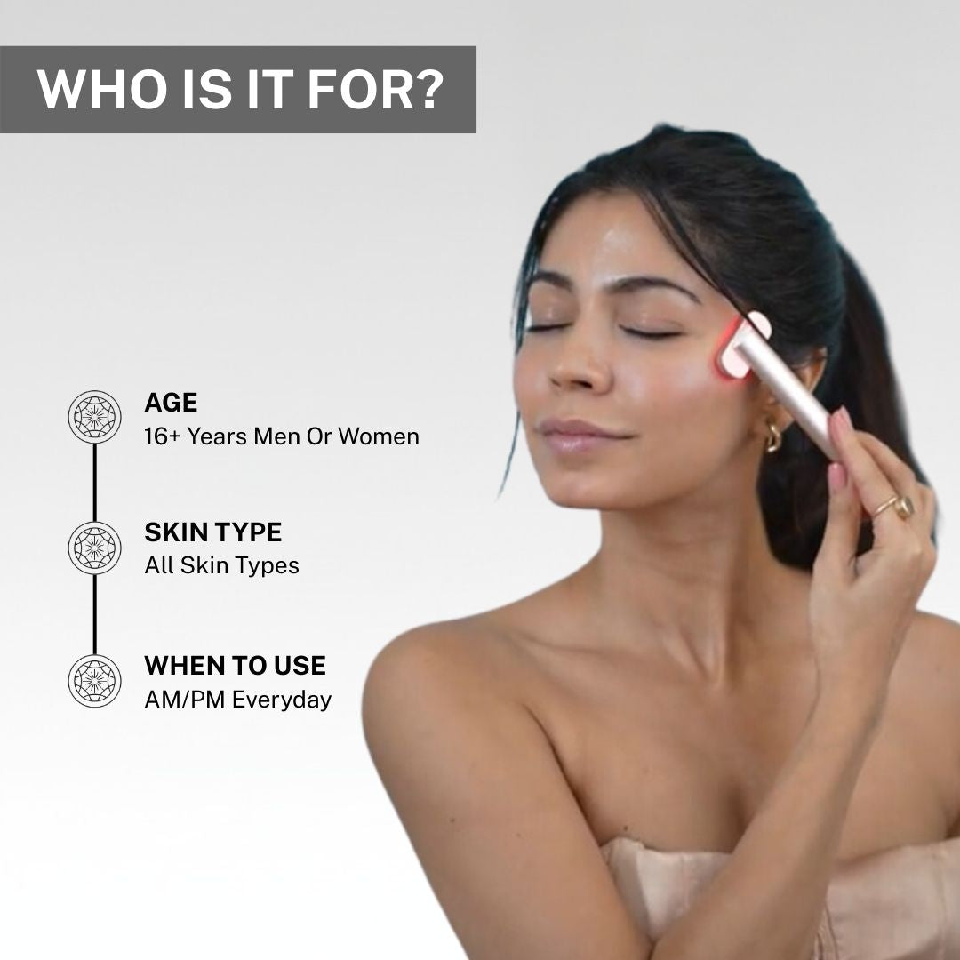 Woman using House of Beauty LED eye massager on face showing red light therapy device suitable for men and women over 16 years and all skin types.