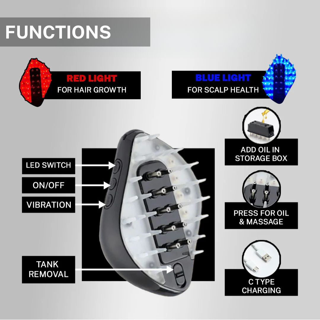 led hair brush red light therapy for hair growth blue light for scalp health vibration massage oil dispenser charging