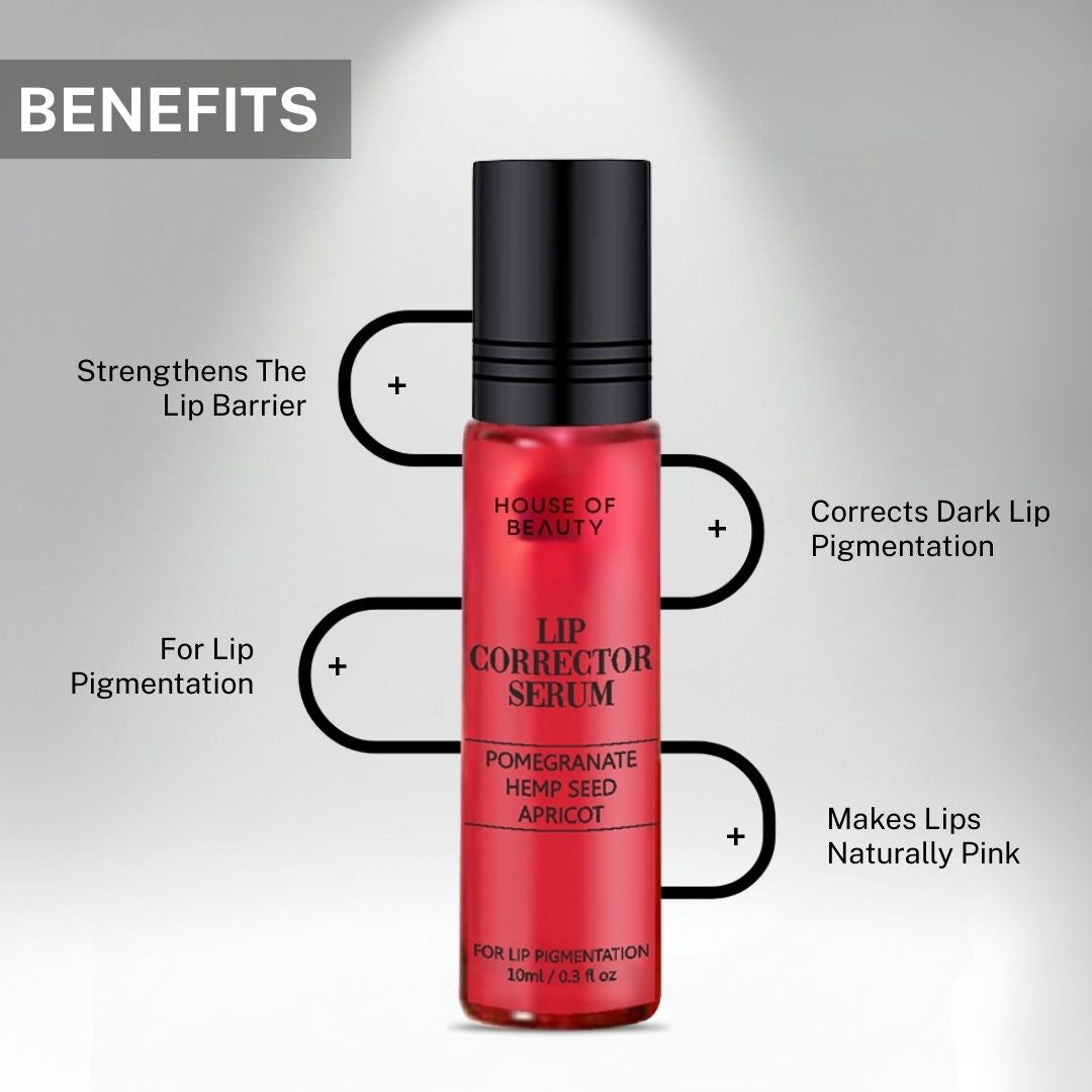 Lip Corrector Serum benefits showing strengthened lip barrier, correction of dark lip pigmentation and naturally pink healthy lips.