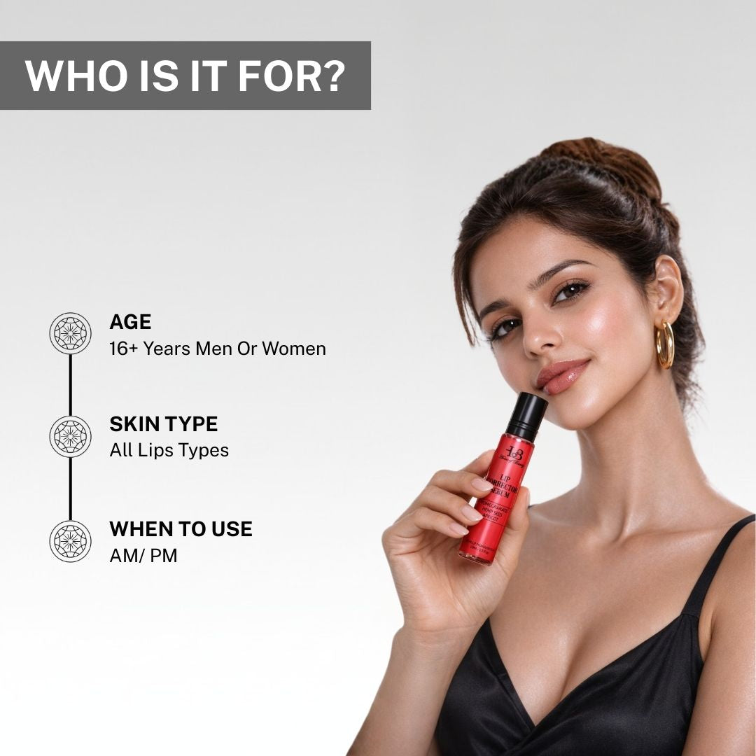 Woman holding House of Beauty Lip Corrector Serum suitable for men and women aged 16 plus for all lip types.