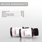 Ingredient breakdown of House of Beauty Collagen Tablets showing Hyaluronic Acid 150 mg, Rosehip 100 mg, Marine Collagen Peptide 40 mg and Celery Extract.