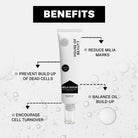 “Milia Serum tube centered with arrows pointing to benefits such as preventing buildup of dead cells, encouraging cell turnover, reducing milia marks, and balancing oil buildup.”
