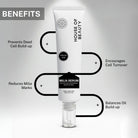 Milia Serum benefits showing prevention of dead cell build-up, reduced milia marks, balanced oil production and improved cell turnover.