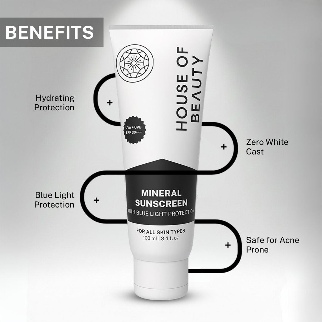 Benefits of mineral sunscreen showing hydrating protection, blue light protection, zero white cast and safe for acne prone skin.