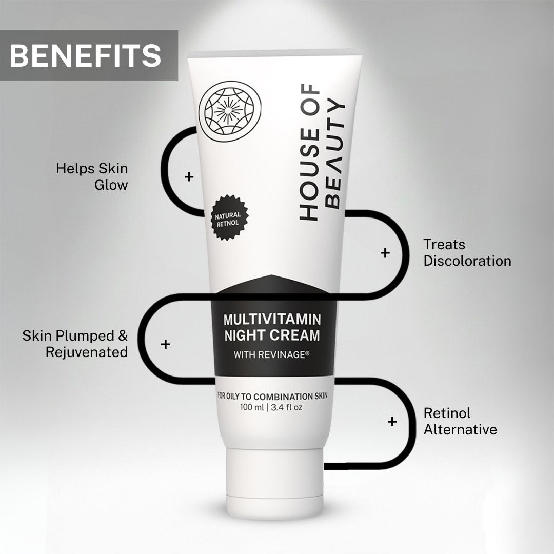 Multivitamin night cream benefits showing improved glow, reduced discoloration, plumped skin and natural retinol alternative for anti-aging.