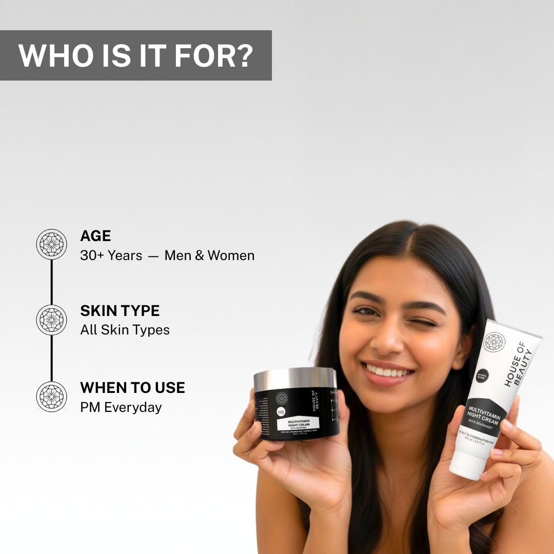Woman holding House of Beauty multivitamin night cream suitable for men and women aged 30 plus for nighttime skincare.